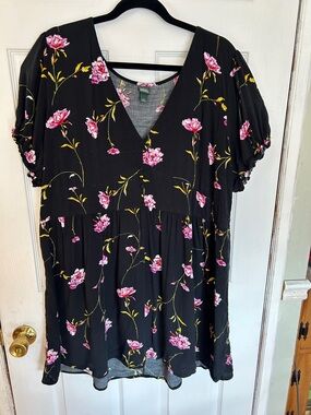 “Wild Fable” Black/Floral V-Neck dress with Pink and Yellow Flowers 💐